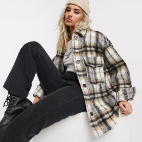 Bershka Jackets & Blazers - BERSHKA Shacket Flannel Plaid Camel Black wool button down women size XS